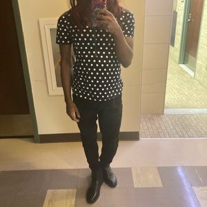 Dark Blue Polka Blouse with zipper and cut out in shoulders